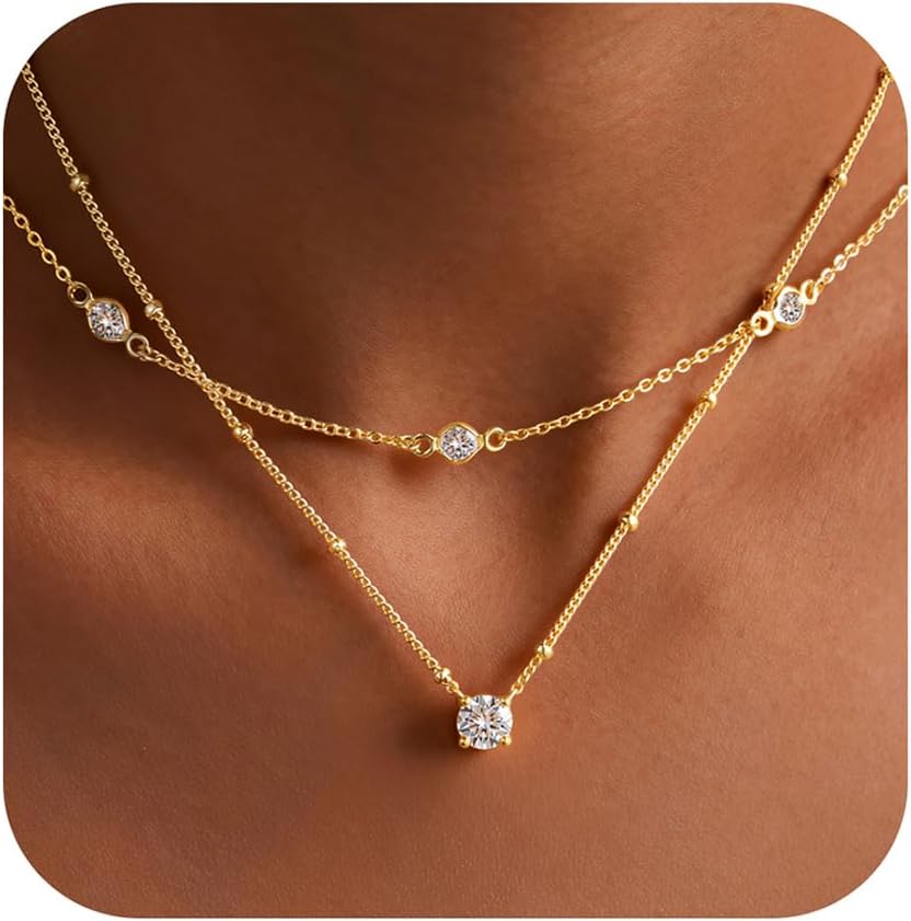 Yoosteel 14K-Gold-Plated Necklaces for Women,Dainty CZ Necklaces Stack