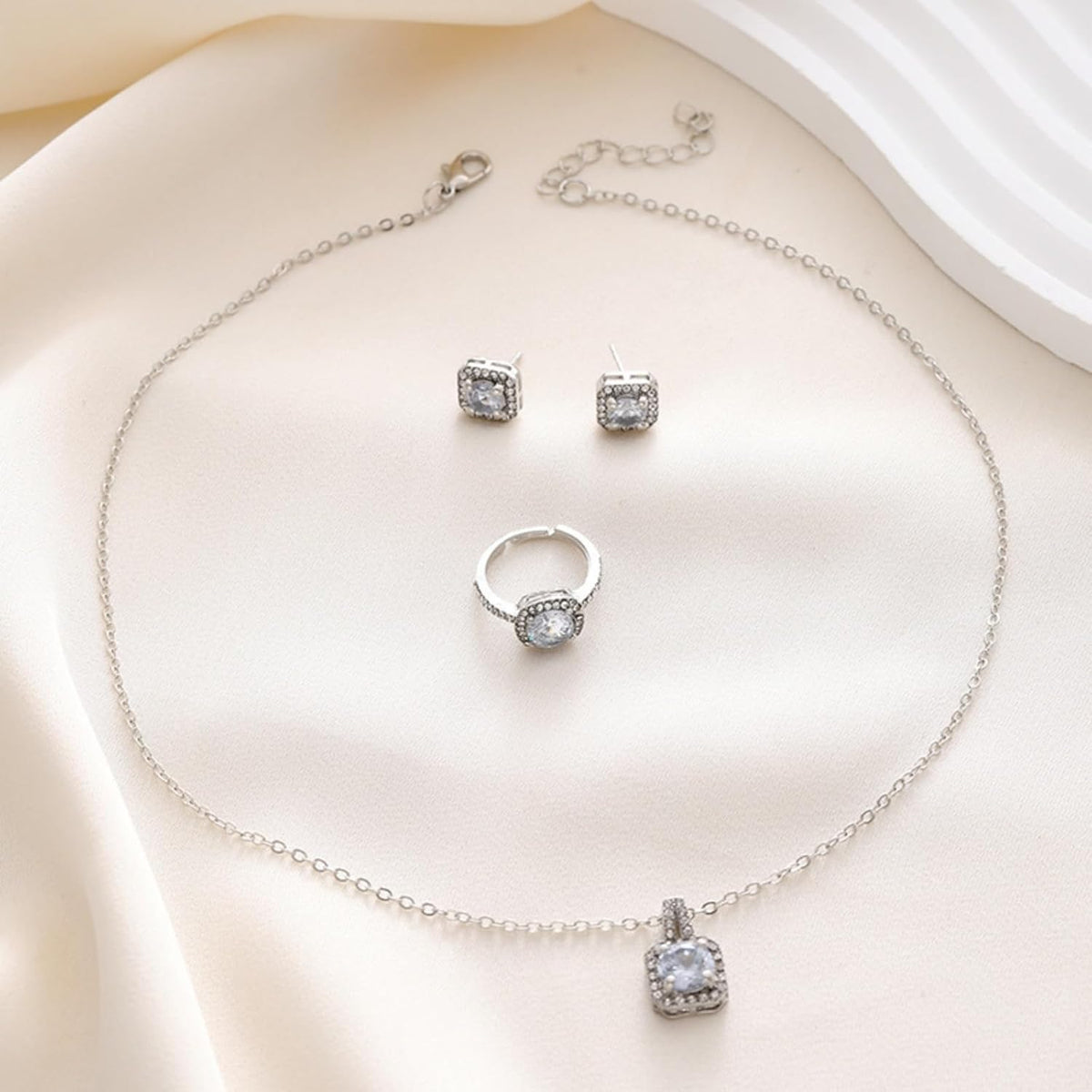 4-Piece Cushion Cut Zirconia Jewelry Set: Necklace, Stud Earrings & Ring for Women, Hypoallergenic Bridal to Valentine Gift Set, Cubic Zirconia Engagement Accessories for Her