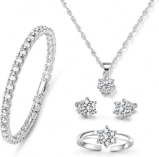 4 Pcs Women's Simple Elegant 925 Sterling Silver Six Claw Cubic Zirconia Pendant Necklace, Earring, Bracelet And Ring Set, Fashion Jewelry For Daily And Party Wear, Best Gift For Wife And Friends