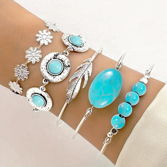 5Pcs Bracelet Chain for Women Turquoise Bracelets Sterling Fashion Wristband Chain Floral and Leaf Bangle