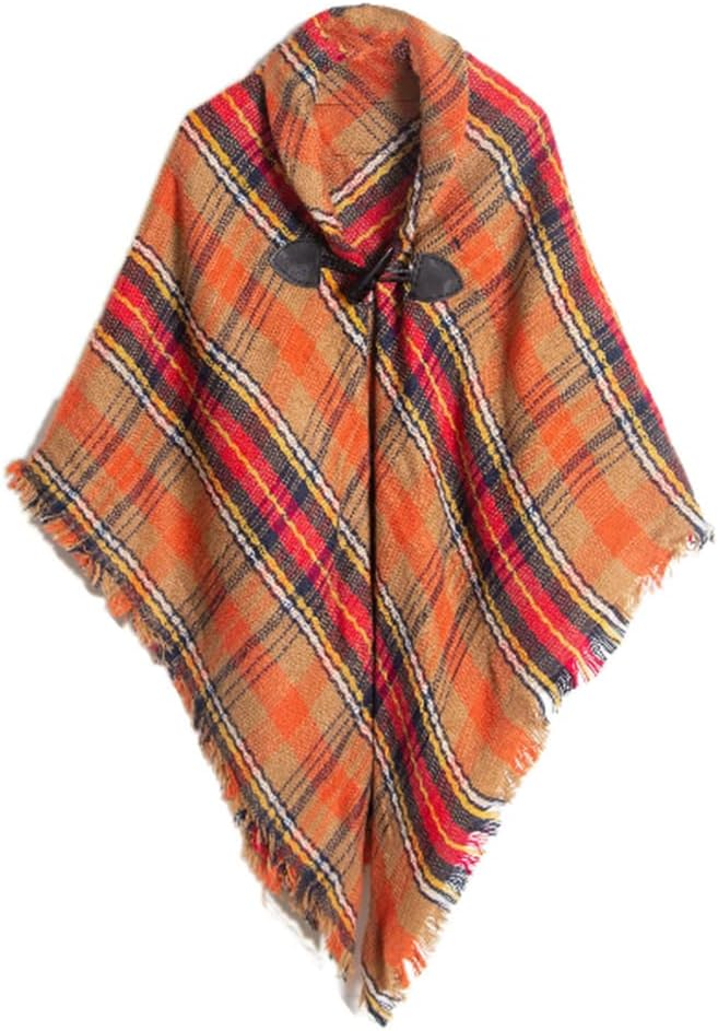 Proumhang Girls Tartan Scarf With horn buckle,Plaid Wrap,Poncho Cape Shawl For Kids,Winter Warm Scarves,One Size