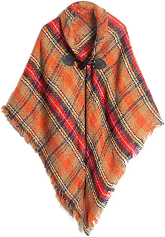 Proumhang Girls Tartan Scarf With horn buckle,Plaid Wrap,Poncho Cape Shawl For Kids,Winter Warm Scarves,One Size