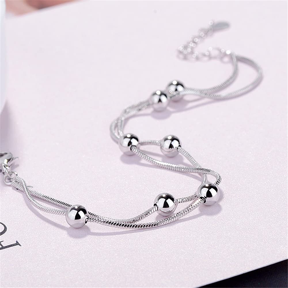 925 Sterling Silver Layered Heart Beaded Bracelets for Women Teens Link Chain Bracelet Fashion Jewelry Gifts