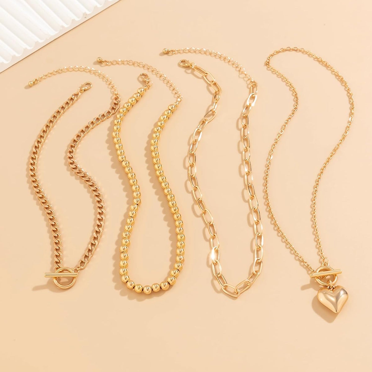 Women's Hip Hop Necklace Set - 4-Piece Chunky Chain Jewelry with Beaded Choker, T-Bar Toggle Clasp, Paperclip, Herringbone & Cuban Link Ropes for Edgy Style
