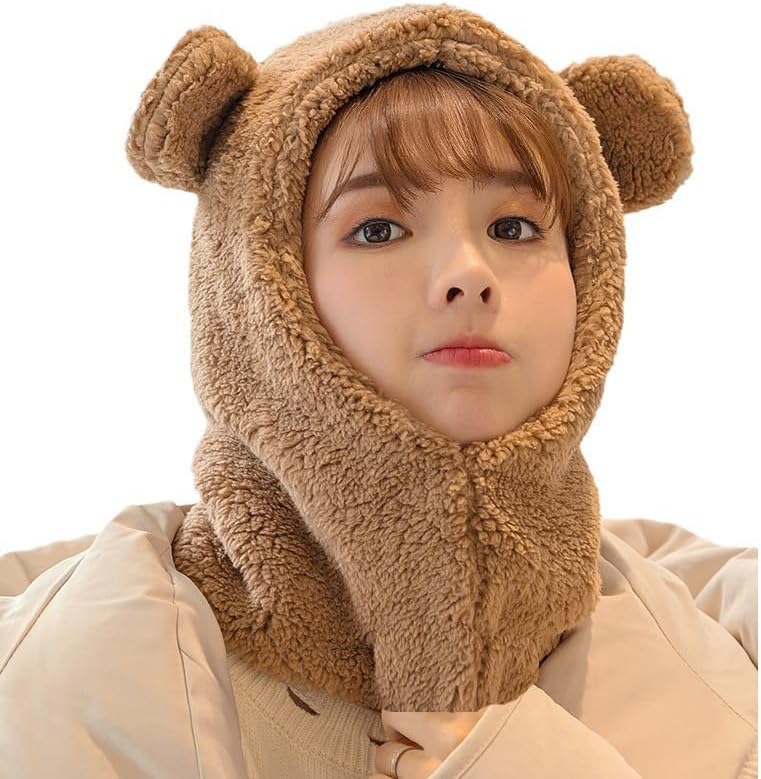 2 in 1 Kids Bear Hat Scarf Toddler Balaclava Winter Warm Beanies Cap Thick Fleece Skull Caps for Boys Girls