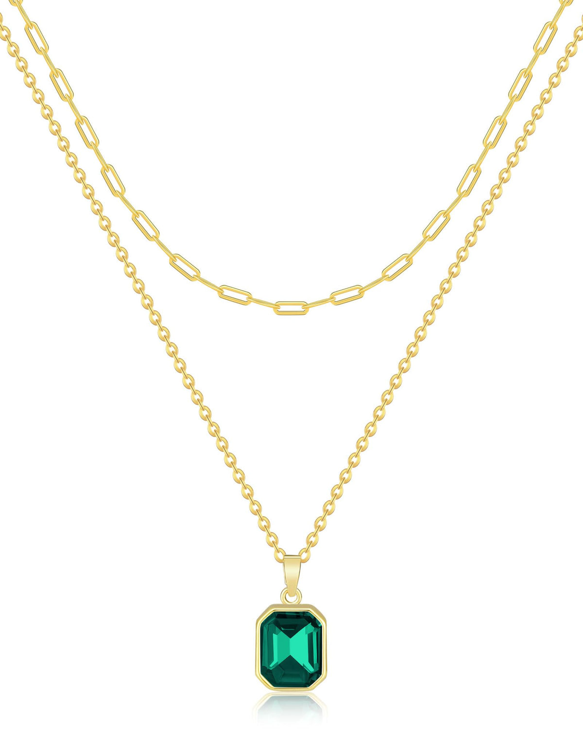 Gold Layered Necklaces for Women, 18k Gold Plated Crystal Necklace Paperclip Choker Emerald Green Jewelry for Women Gifts