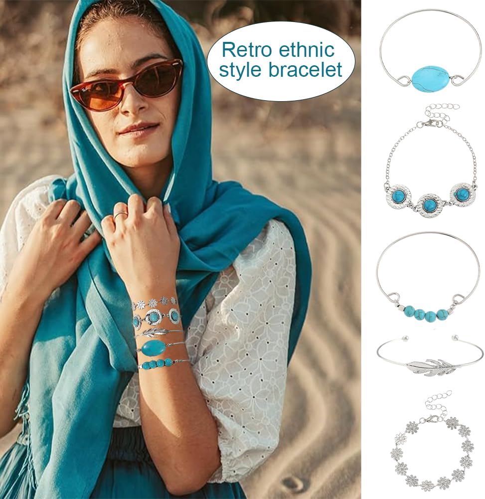 5Pcs Bracelet Chain for Women Turquoise Bracelets Sterling Fashion Wristband Chain Floral and Leaf Bangle