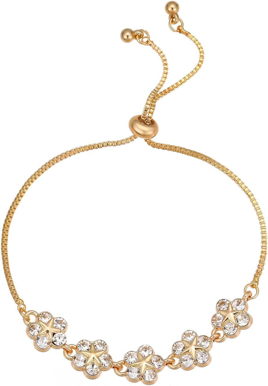 1 PC Gold Adjustable Floral Pearl Chain Bracelet With Sparkling Zirconia Stones