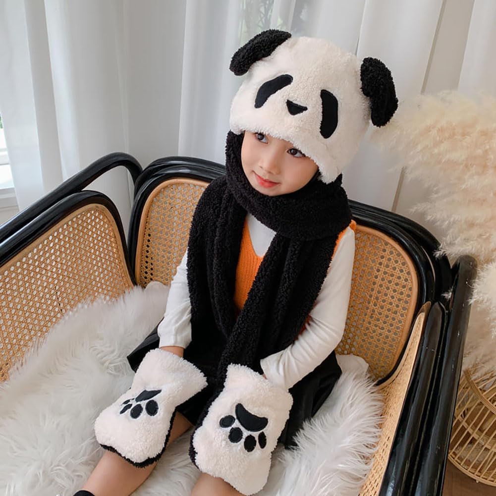 Winter Hat Gloves Scarf Set for Kids Cute Panda Movable Ears Warm Hood