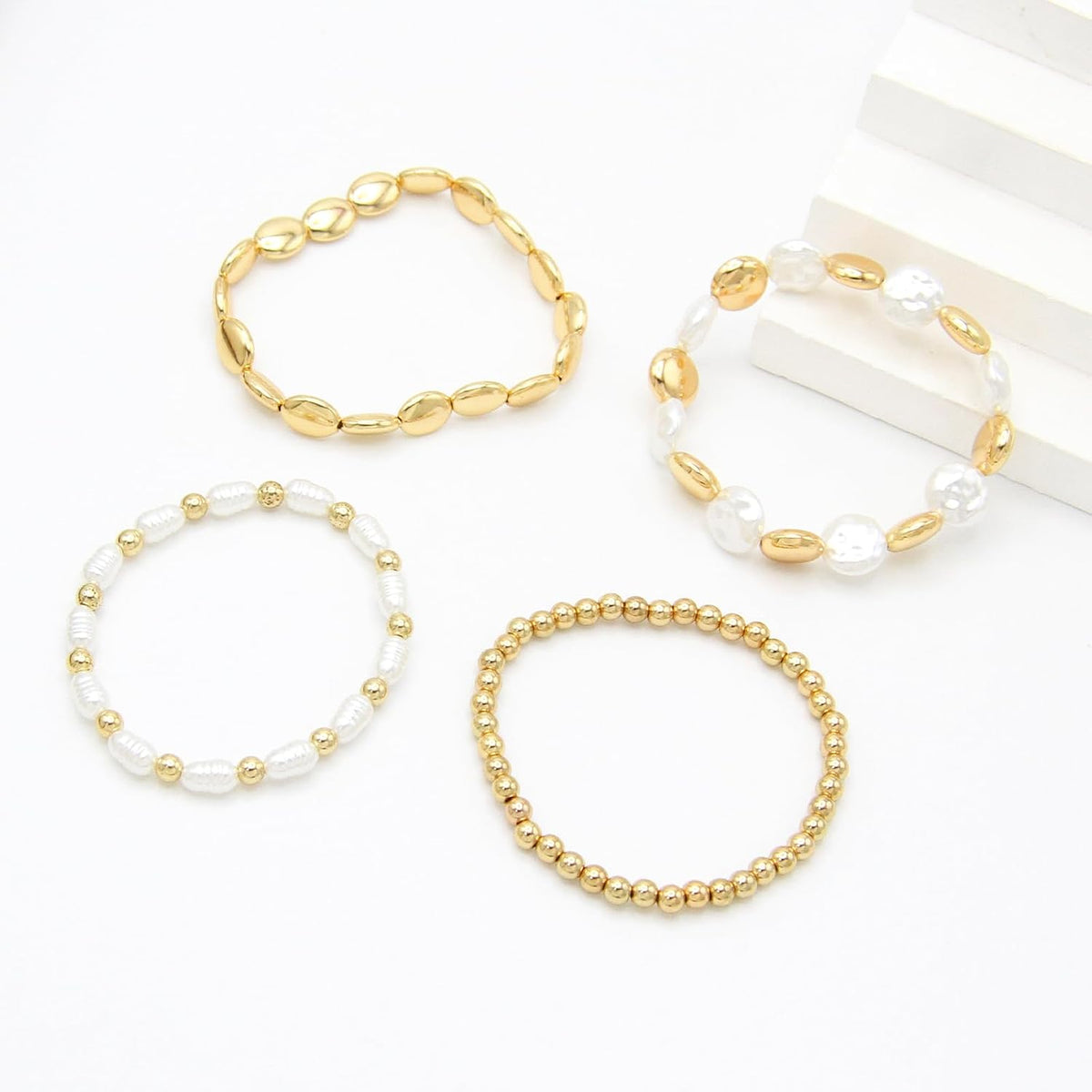 4 Sets Stackable Gold Plated Bracelets – Acrylic Pearl Stretch Multilayered Bracelet Set for Women, Multi Style Jewelry Gift