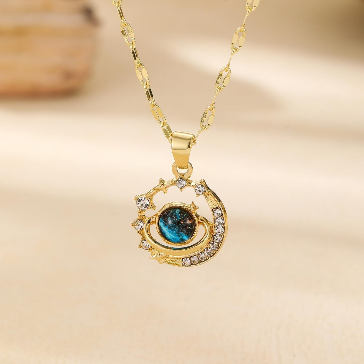 1PCS Gold Necklace, Blue Gemstone Star Pendant, Gold Tone Chain Jewelry for Women, Elegant Moon and Star Necklaces, Fashion Accessory for Special Events