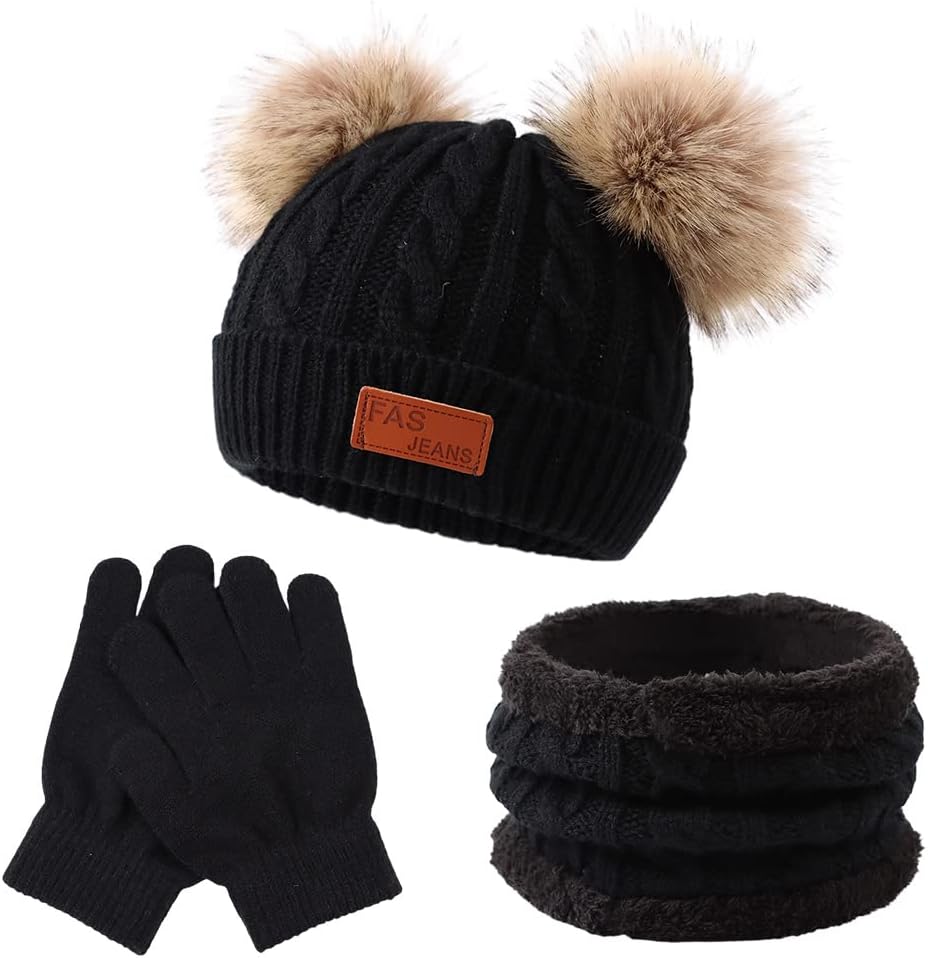 Yuoahcn Kids Winter Beanie Hat Scarf Gloves Set Knit Warm Toddler Winter Cap Gloves Neck Warmer for Boys Girls 1-8 Year