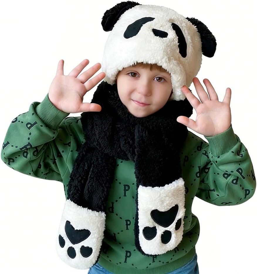 Winter Hat Gloves Scarf Set for Kids Cute Panda Movable Ears Warm Hood