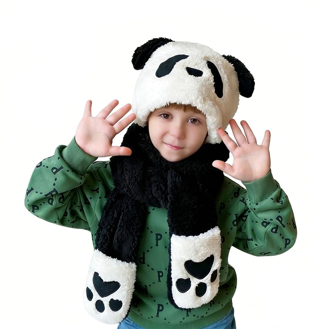 Winter Hat Gloves Scarf Set for Kids Cute Panda Movable Ears Warm Hood