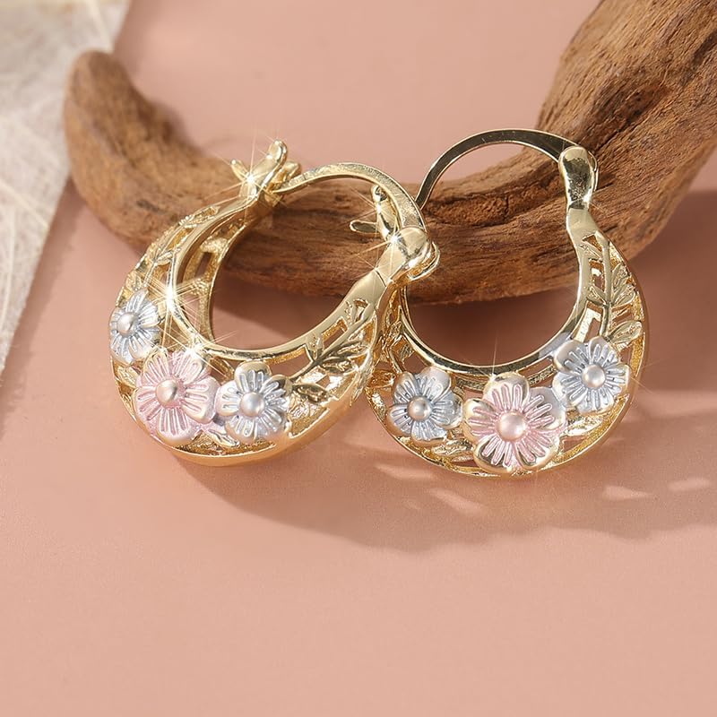 1 Pair of Elegant and Simple Flower Carved Golden Leaf Hoop Earrings, Elegant and Luxurious Women's Jewelry, Suitable for Daily Party and Gathering Accessories，Perfect Holiday Gift