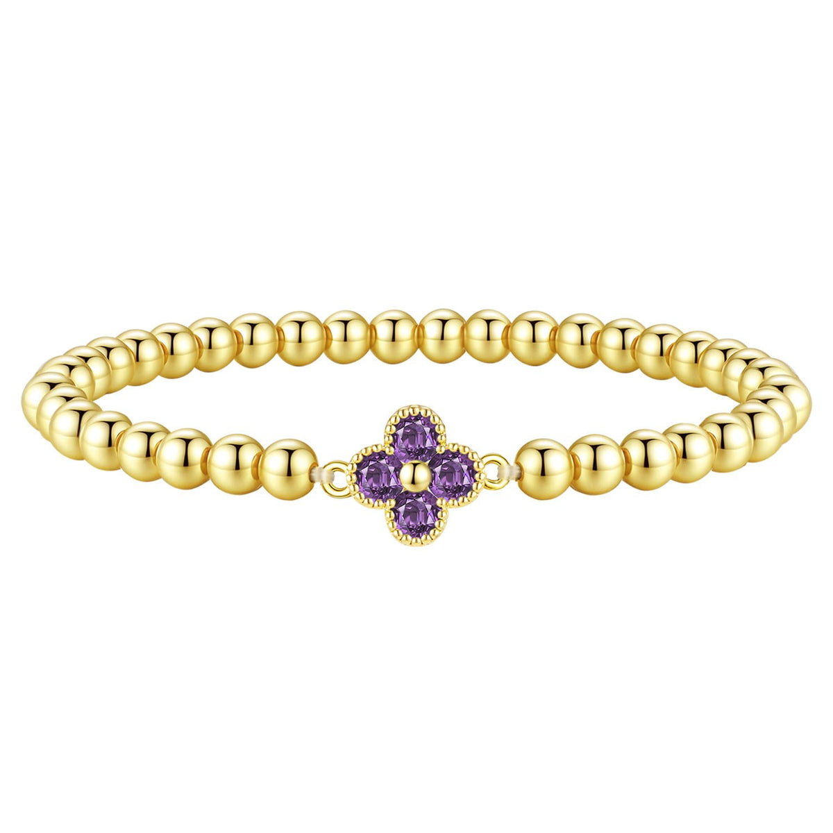 Birthstone Gold Bracelets for Women Non Tarnish Elastic 14K Gold Plated Bead Bracelets Trendy CZ Clover Bracelet Stackable Friendship Bracelets Dainty Jewelry Gifts for Mom Best Friend