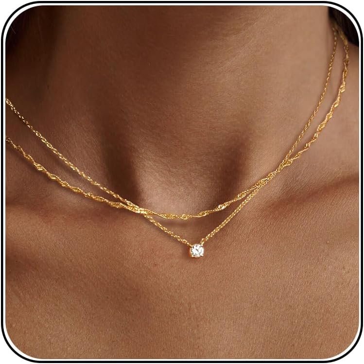 Tewiky Dainty 14k Gold Plated/Silver Cubic Zirconia Necklaces for Women
