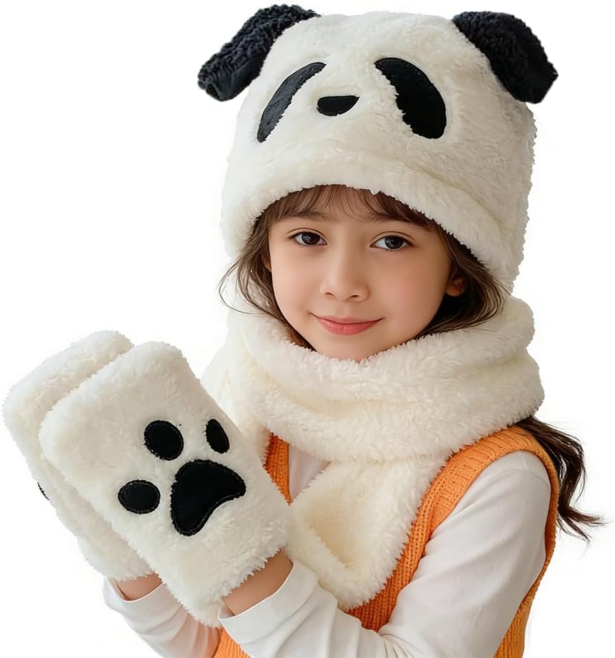 Winter Hat Gloves Scarf Set for Kids Cute Panda Movable Ears Warm Hood