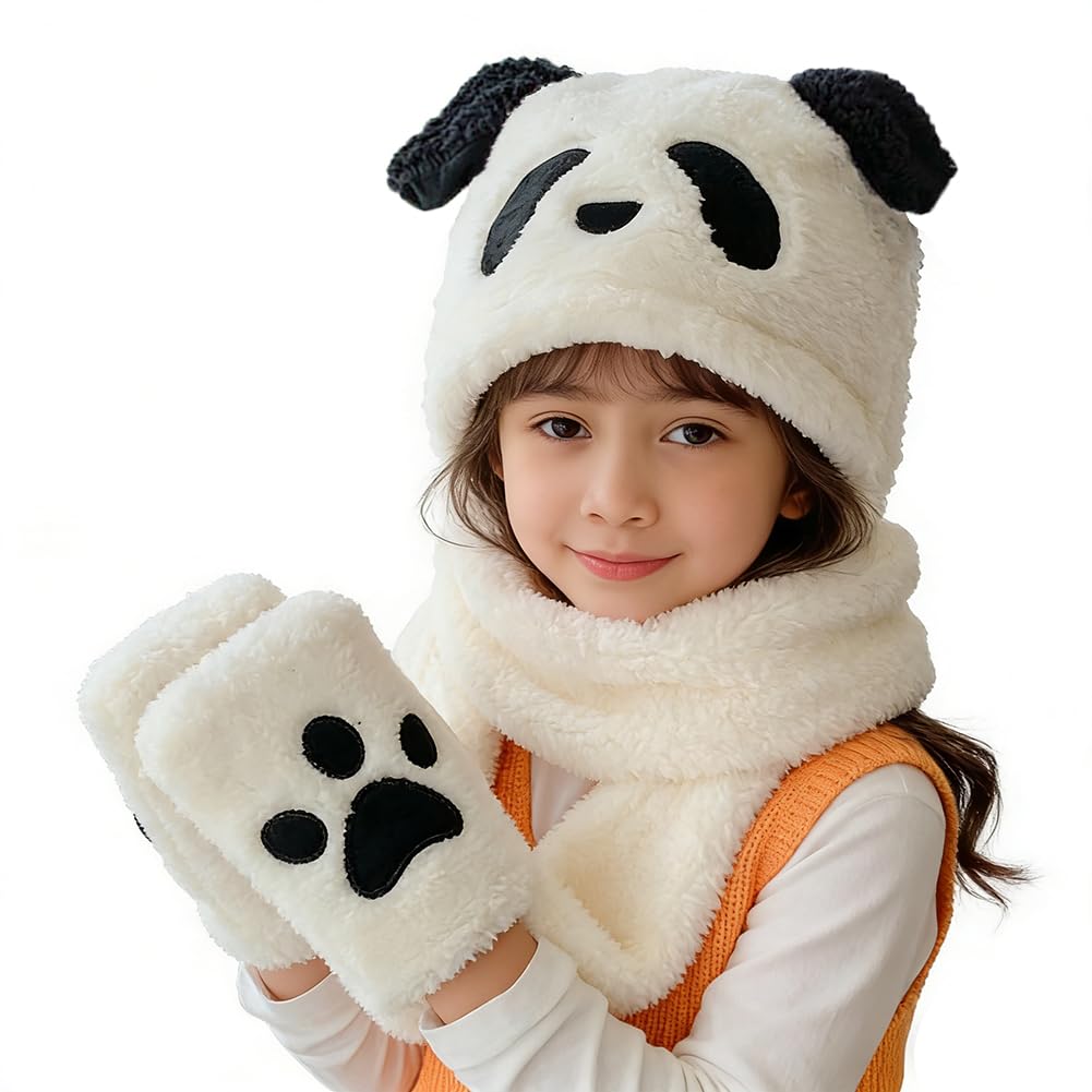 Winter Hat Gloves Scarf Set for Kids Cute Panda Movable Ears Warm Hood