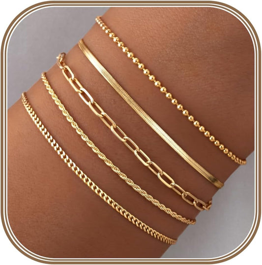 POXTEX 14K Gold Plated Bracelets for Women Waterproof, Non Tarnish Trendy Dainty Minimalist Stackable Jewelry Sets, Herringbone Cuban Paperclip Rope Bead Link Chain Stack Pack, Modern Fashion Accessories Gifts