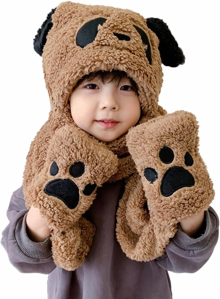 Winter Hat Gloves Scarf Set for Kids Cute Panda Movable Ears Warm Hood
