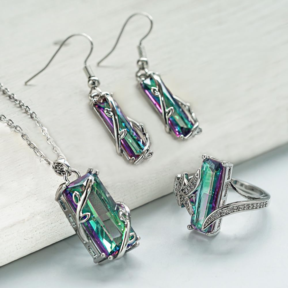 Fancy Multicolored Rectangular CZ Necklace Earrings Ring Chic Jewelry Set