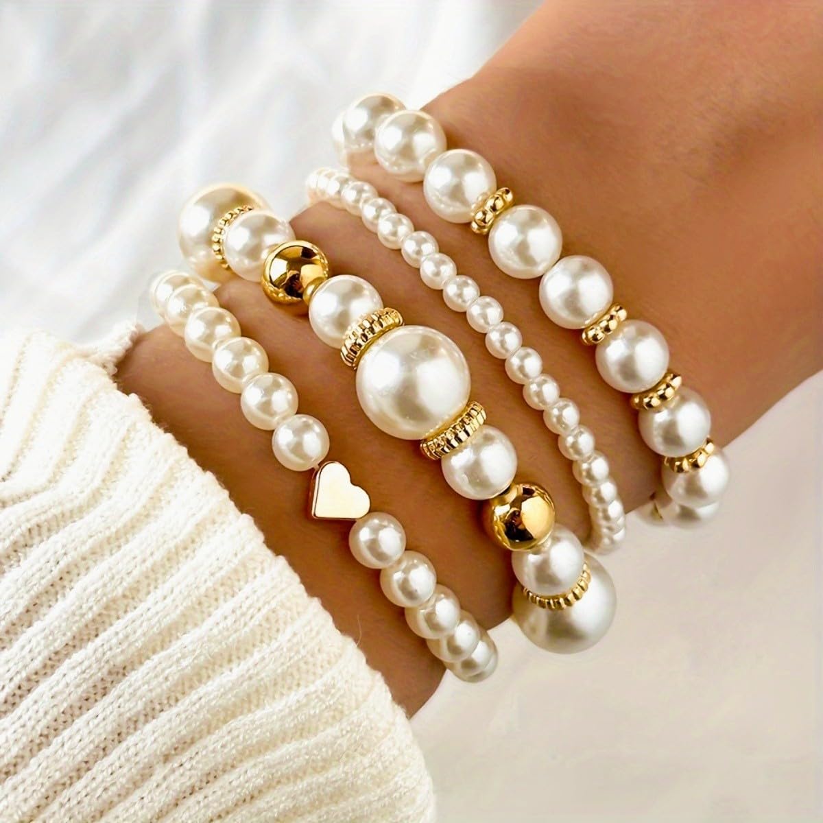 Gold/Silver-Fashion Heart Pearl Layered Bracelet Set, Elegant Stackable Beaded Hand Jewelry for Women