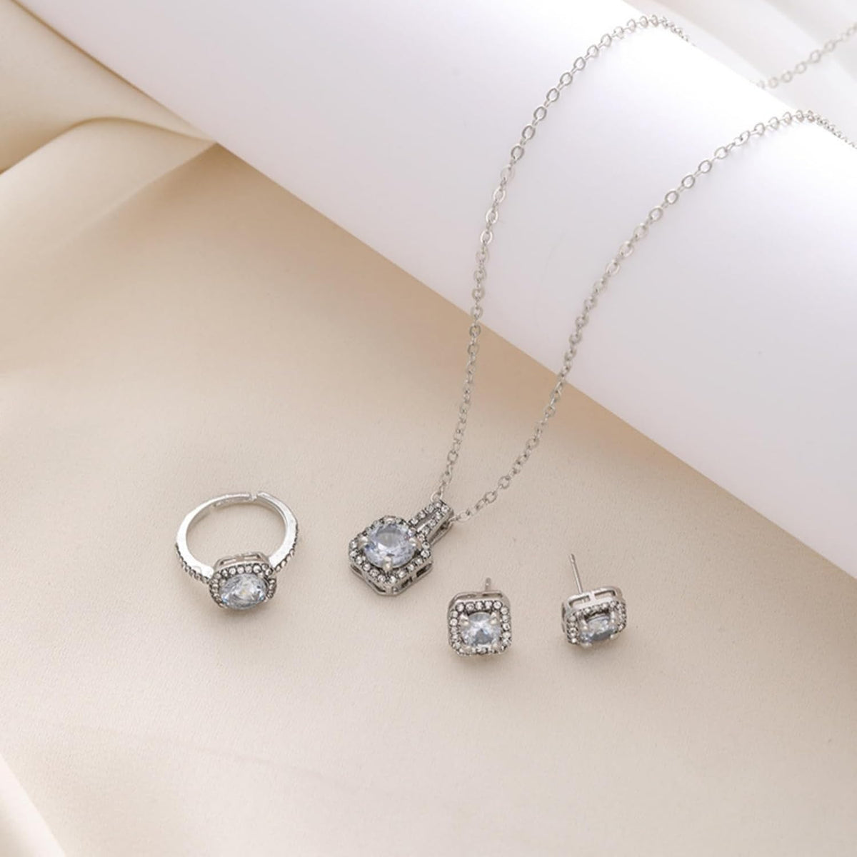4-Piece Cushion Cut Zirconia Jewelry Set: Necklace, Stud Earrings & Ring for Women, Hypoallergenic Bridal to Valentine Gift Set, Cubic Zirconia Engagement Accessories for Her