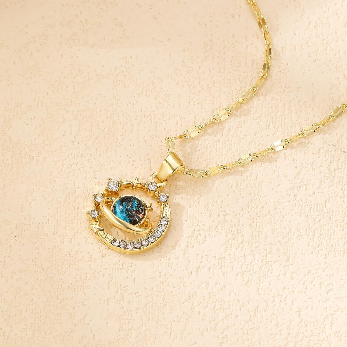 1PCS Gold Necklace, Blue Gemstone Star Pendant, Gold Tone Chain Jewelry for Women, Elegant Moon and Star Necklaces, Fashion Accessory for Special Events