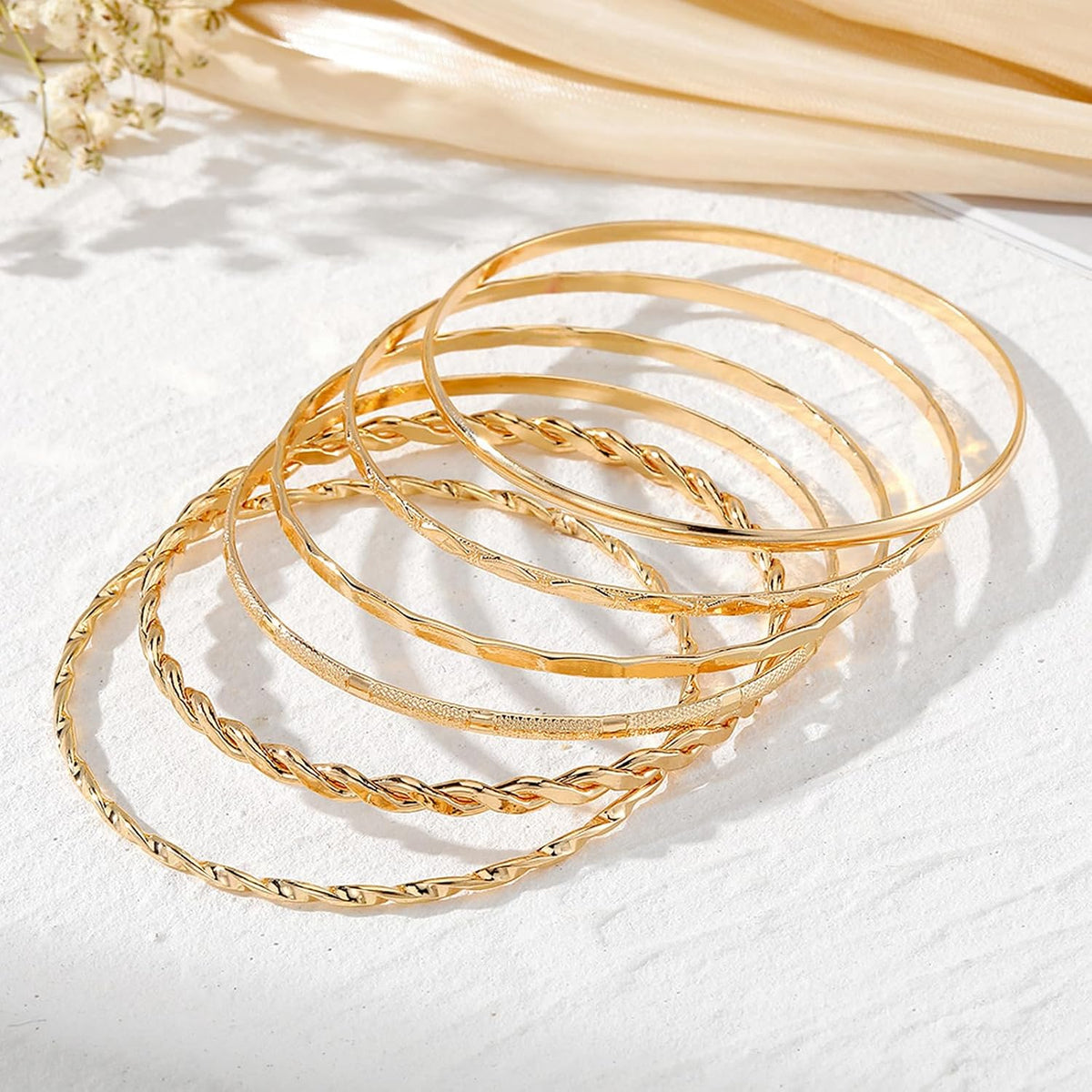 6 Pcs Gold Plated Bracelet Set for Women: Bangles, Cuffs & Dainty Chains | 14K Mixed Stackable Bracelets for Layered Look, Complete Jewelry Collection Gift
