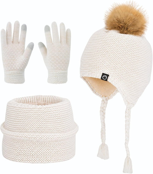 Kids Winter Hat Gloves Scarf Set Warm Earflaps Soft Fleece Lined 4-10Y
