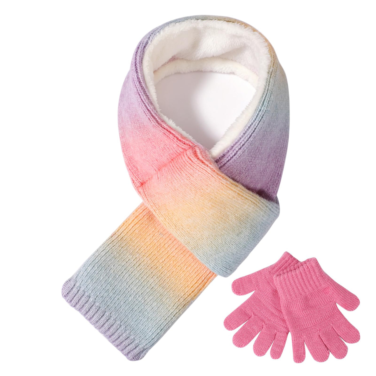 Kids Winter Gloves Scarf Set, Girls Fleece Lined Cable Knit Neck Warmer with Warm Mittens Cold Weather Gifts for Ages 7-14