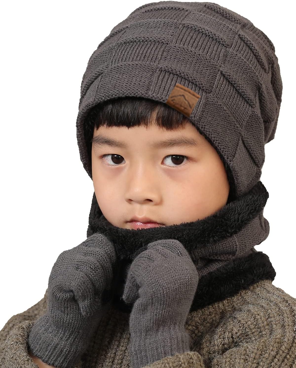 3Pcs Winter Hats Neck Warmer Scarf and Touch Screen Gloves Set for Kids