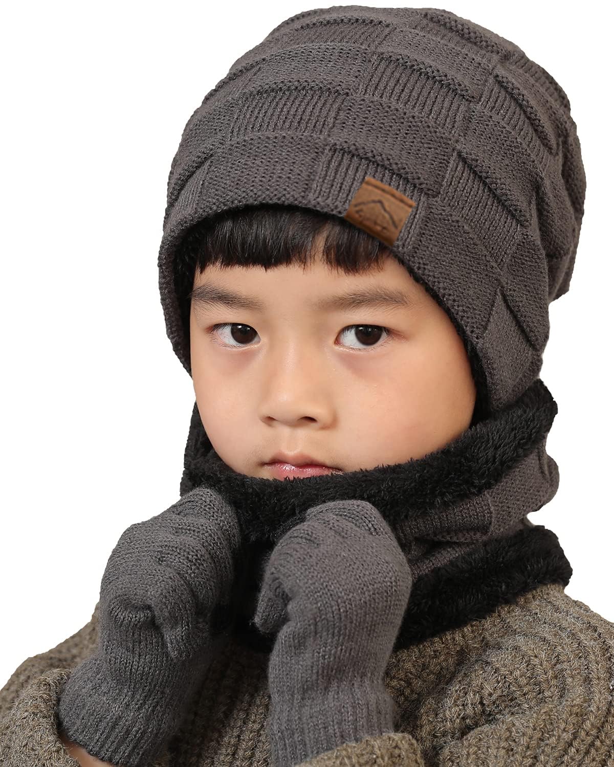 3Pcs Winter Hats Neck Warmer Scarf and Touch Screen Gloves Set for Kids