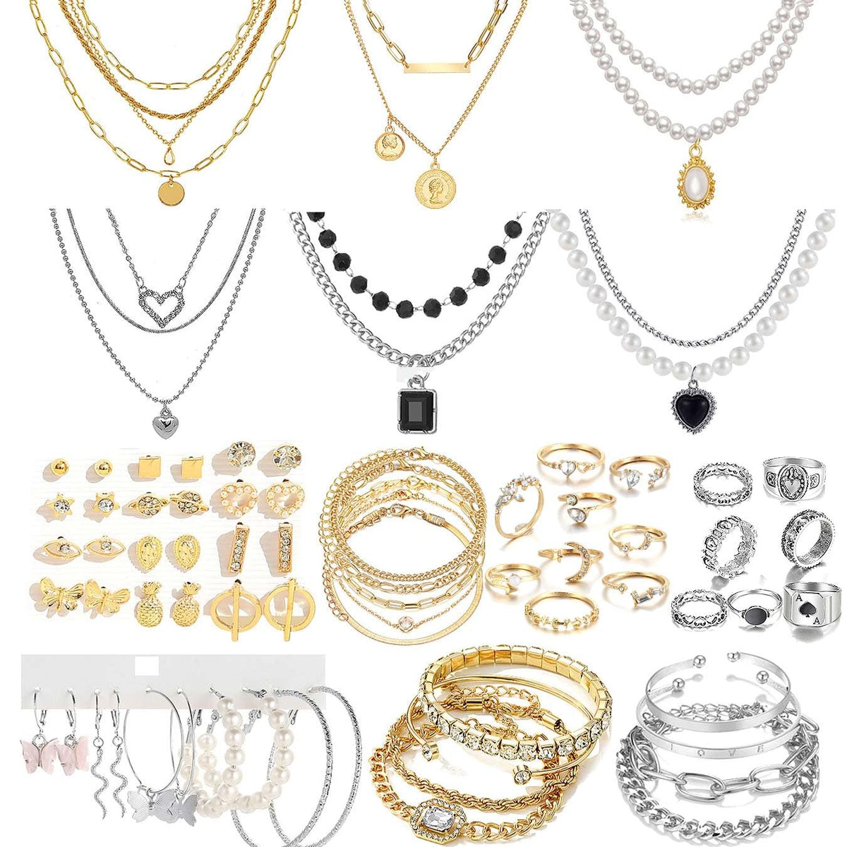 73 Pcs Gold Jewelry Set with 6Pcs Layered Necklace, 11 Pcs anklet and 7Pcs Earring Ear Cuff,12Hoop Earrings ,15pcs Rings,21pcs stud earrings Jewerly set for Women Pack for Friendship Party Gift