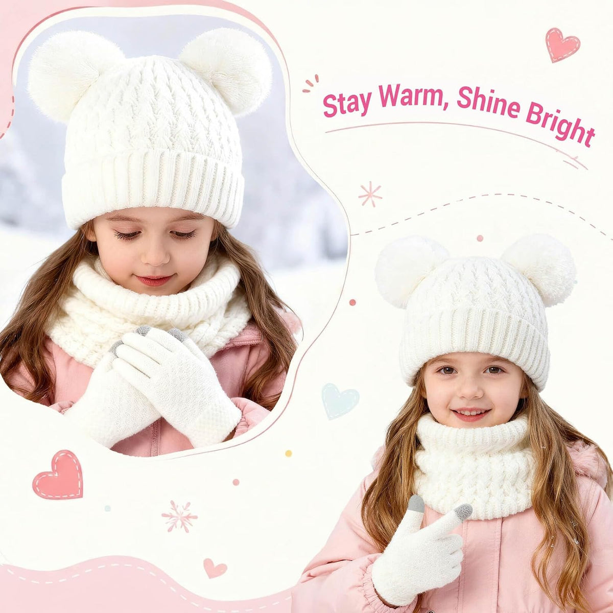 BQUBO Kids Winter Hat Gloves Scarf Set, Unisex Children Beanie Hat with Pom