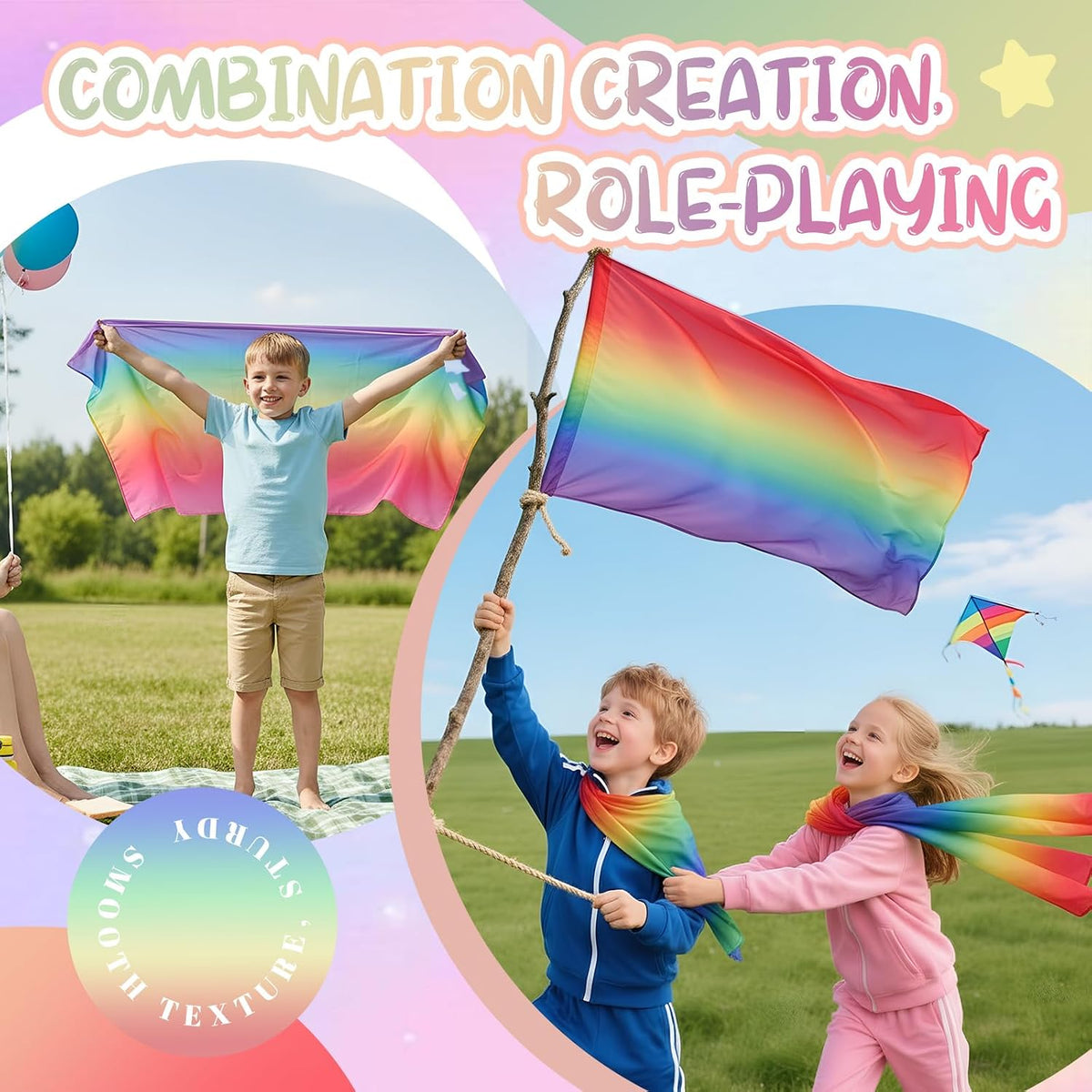 Cutecrop 6 Pcs 35 Inch Play Scarves Set for Kids Gay Pride Rainbow Flag Polyester Silks Dance Children Pretend Giant Toy Toddlers