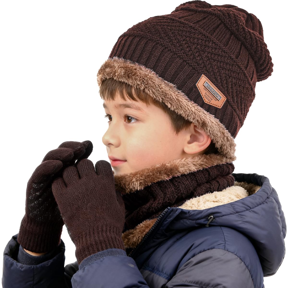 Kids Winter Hat Scarf&Touchscreen Gloves Set，Knitted Beanie with Fleece Lining, Neck Warmer for Boys Girls 4-15 Years