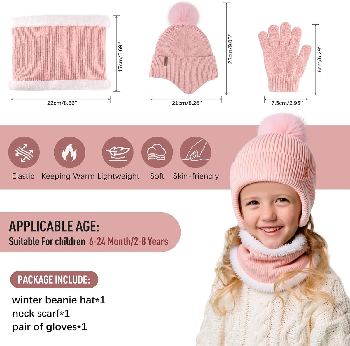 HONGTEYA Toddler Girls Winter Hat Gloves Scarf Set Warm Fleece Lined Knit