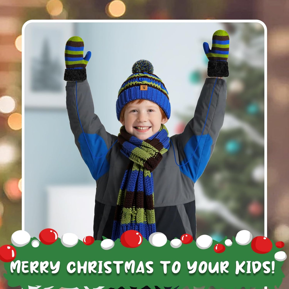 Kids Winter Pompom Beanie Hat Toddler Scarf Gloves Set for Boys and Girls