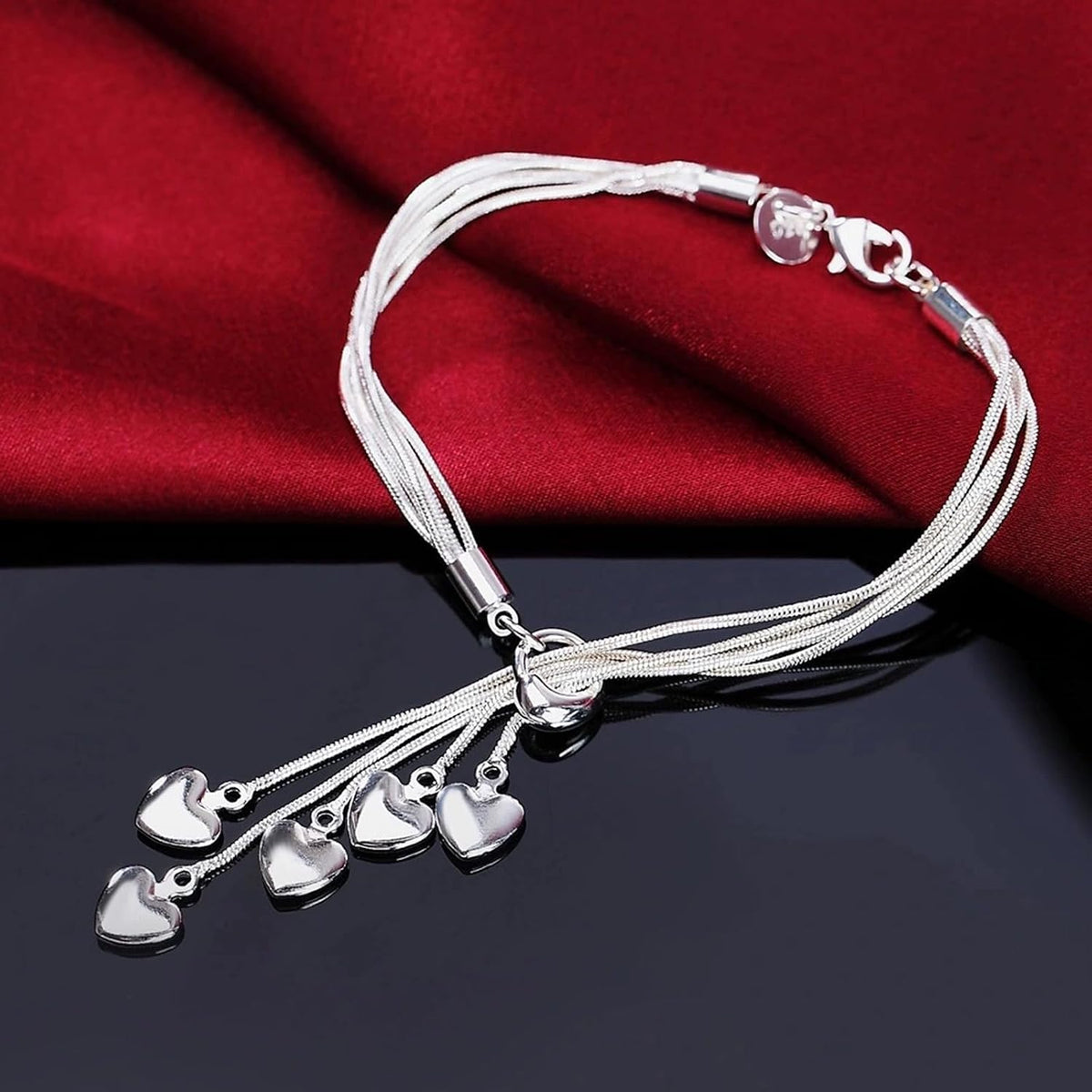 925 Sterling Silver Five-Line Chain & Heart Charm Bracelet Set – Elegant Stackable Bangle