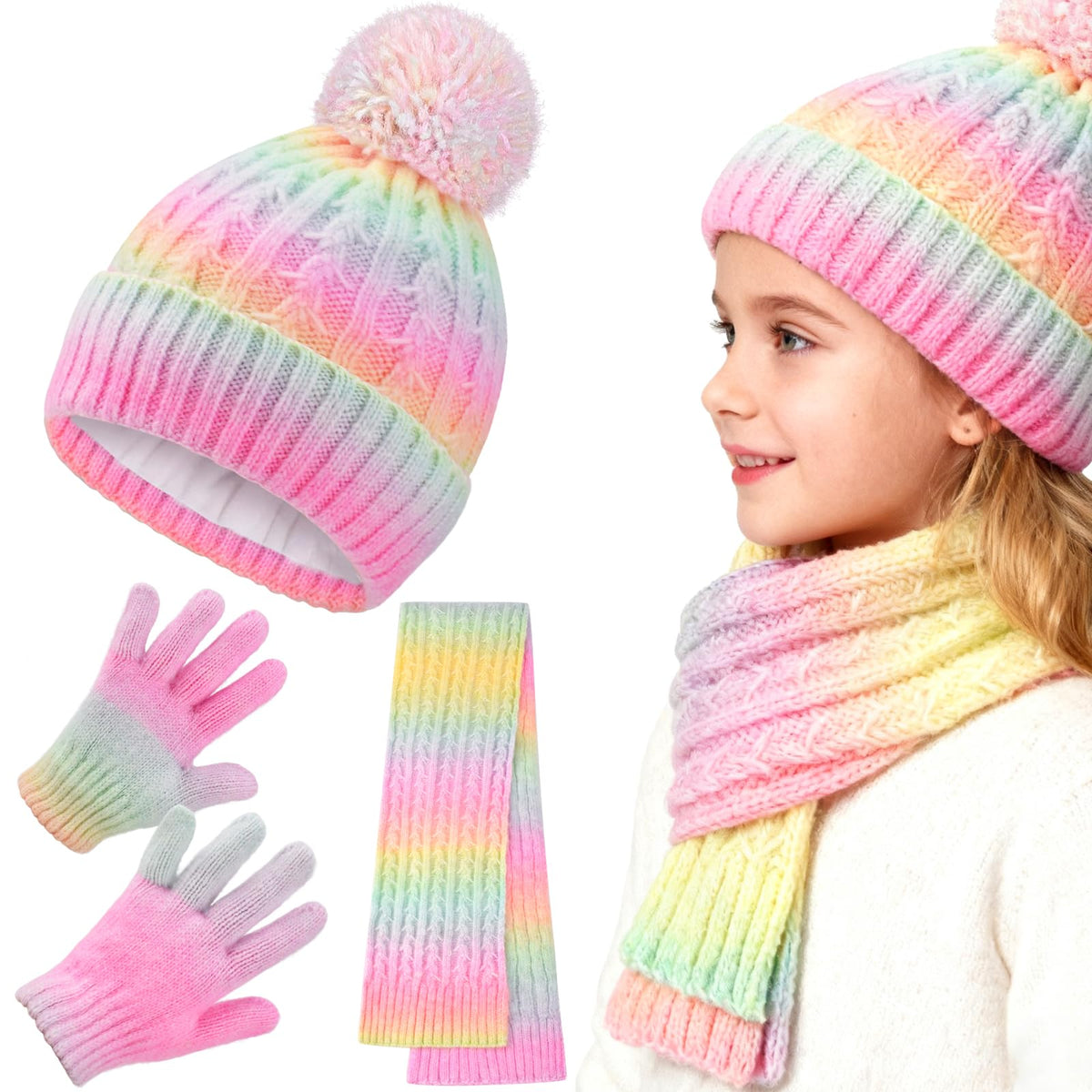 Girls Winter Hat Scarf Gloves Set, Toddler Fleece Lined Beanie Hat with Pom Rainbow Hat Scarf Mittens for Girl 4-15 Year