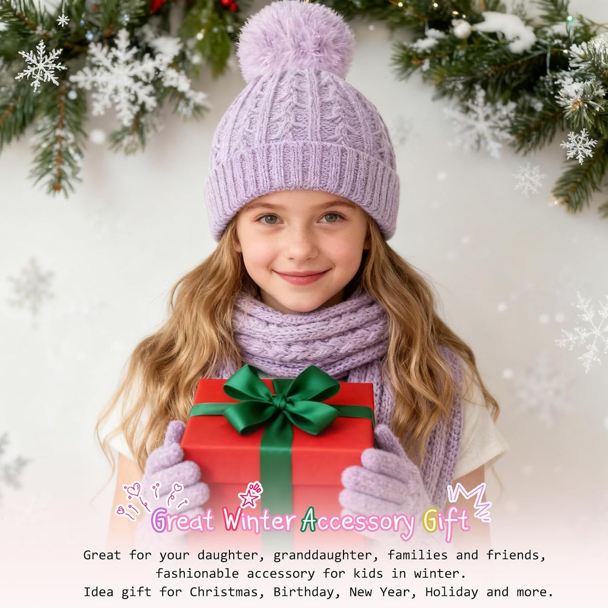 Girls Winter Hat Scarf Gloves Set, Toddler Fleece Lined Beanie Hat with Pom Rainbow Hat Scarf Mittens for Girl 4-15 Year