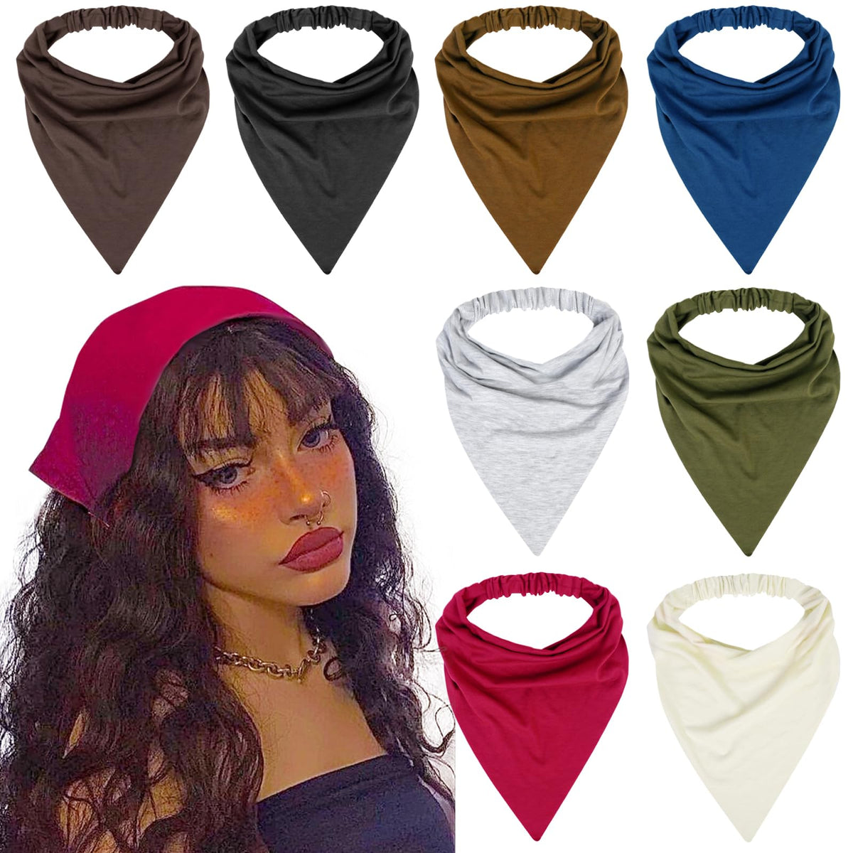 WOVOWOVO 8 Pcs Hair Scarf Headband for Women Girls Non Slip Elastic Boho Triangle Head Scarf Bandana