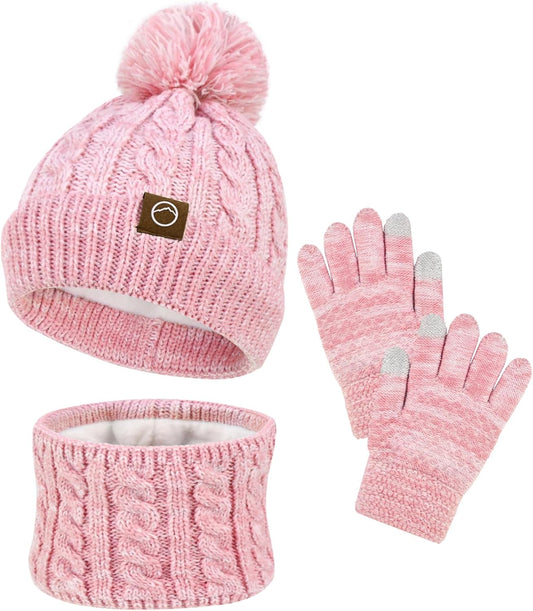 ZOORON Kids Winter Hat Gloves Scarf Set, Girls Boys Hats Beanie with Pom