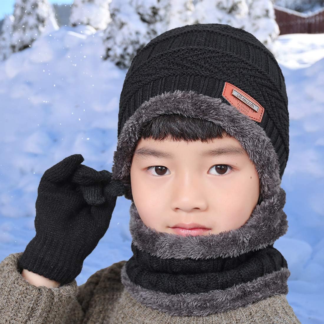 3Pcs Winter Hats Neck Warmer Scarf and Touch Screen Gloves Set for Kids