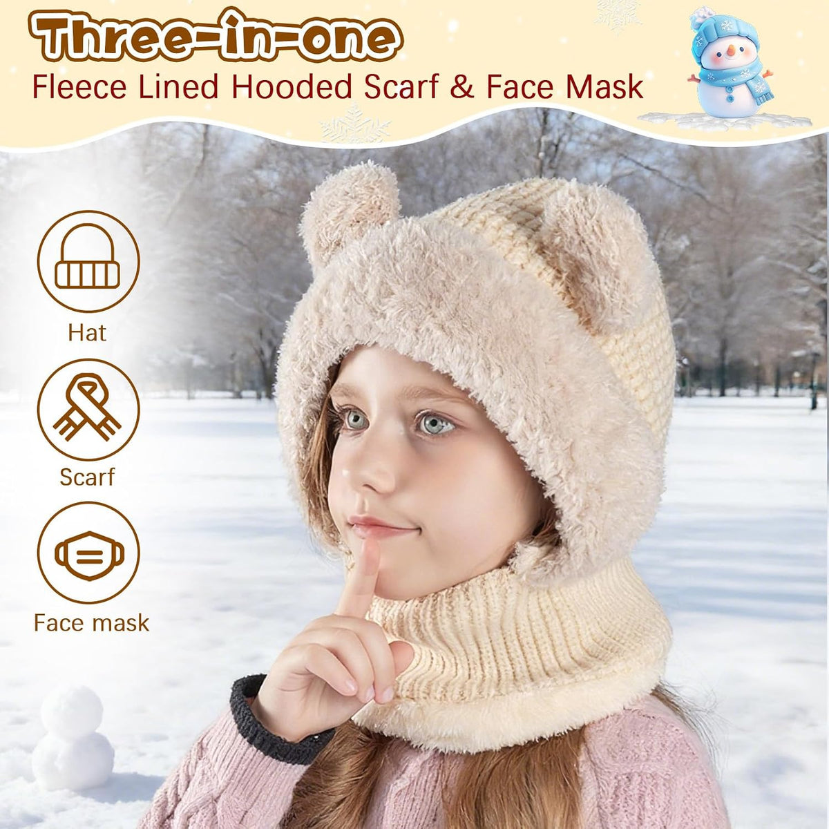 Kids Winter Balaclava Windproof Hats Gloves Set 3-in-1 Fleece Lined Hooded Scarf & Face Mask for Ages 2-8