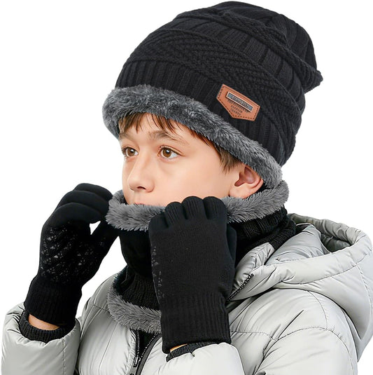 Kids Winter Hat Scarf&Touchscreen Gloves Set，Knitted Beanie with Fleece Lining, Neck Warmer for Boys Girls 4-15 Years