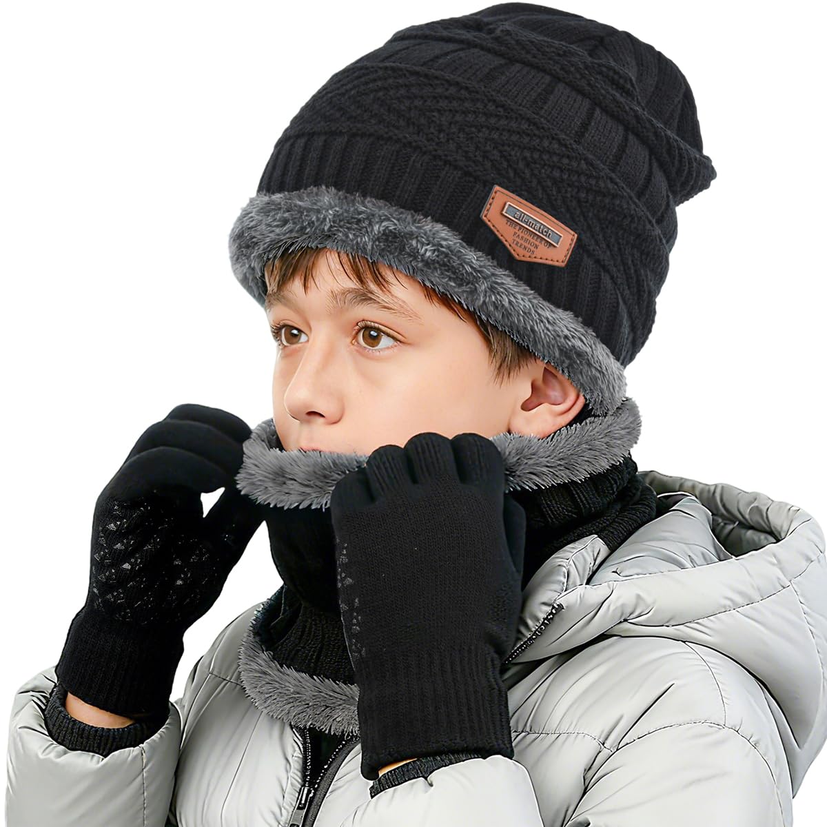 Kids Winter Hat Scarf&Touchscreen Gloves Set，Knitted Beanie with Fleece Lining, Neck Warmer for Boys Girls 4-15 Years