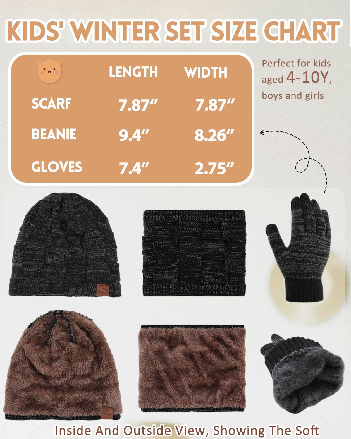 KMOLY Kids Winter Hat TouchScreen Gloves Scarf Set Warm Fleece Lined 4-10Y